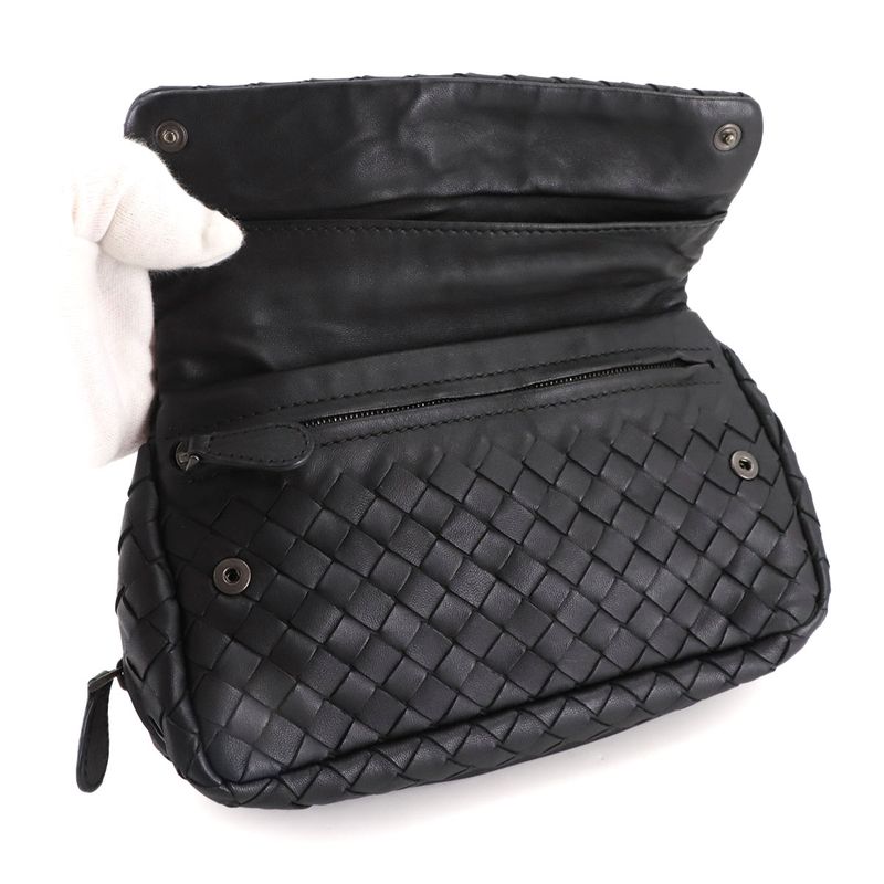 Bottega Veneta Intrecciato Chain Shoulder Bag Leather Black