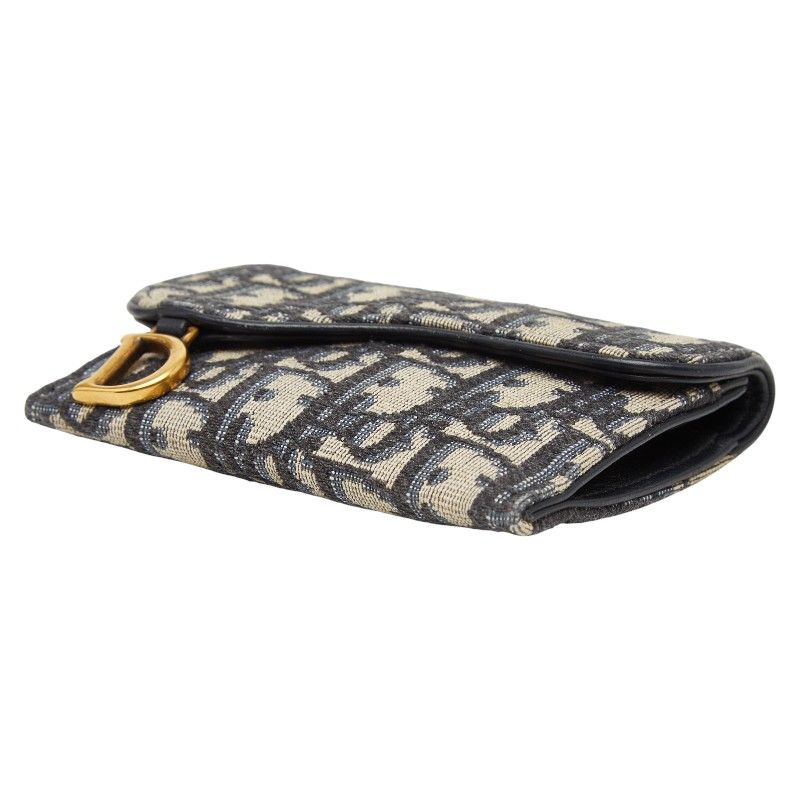 Dior Blue Jacquard Coin Case Wallet Navy Canvas Leather