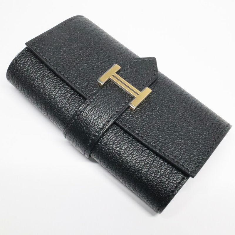 Hermes Bearn 4 Key Case Chevre Mysore Black Gold Key Holder
