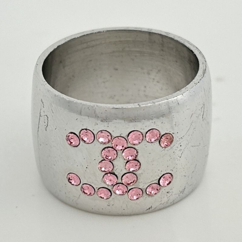 Chanel CC Logo Rhinestone Ring Silver Plated