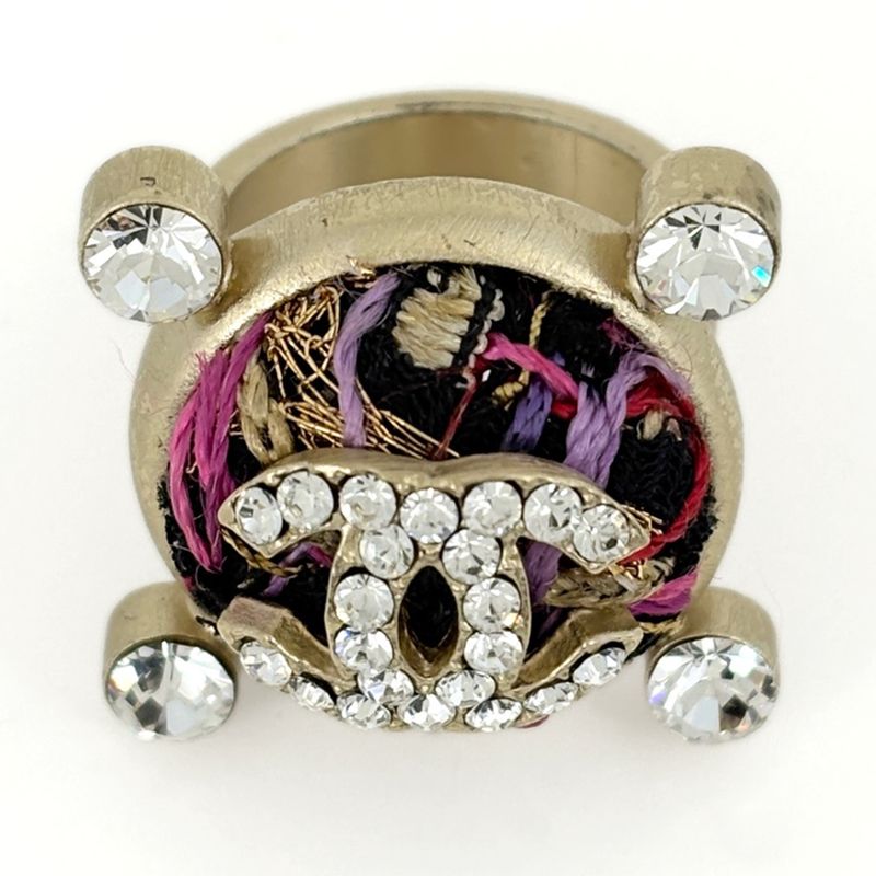 Chanel CC Logo Rhinestone Ring Tweed Gold Plated Gold Multicolor