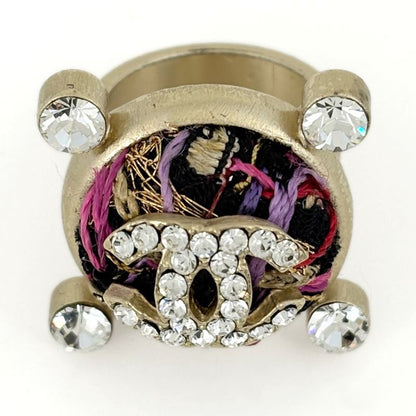 Chanel CC Logo Rhinestone Ring Tweed Gold Plated Gold Multicolor