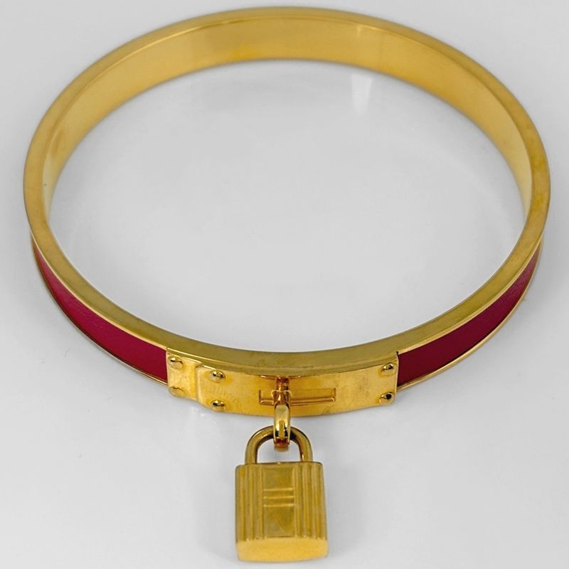 Hermes Kelly Bangle Bracelet Cadena Leather Gold Red