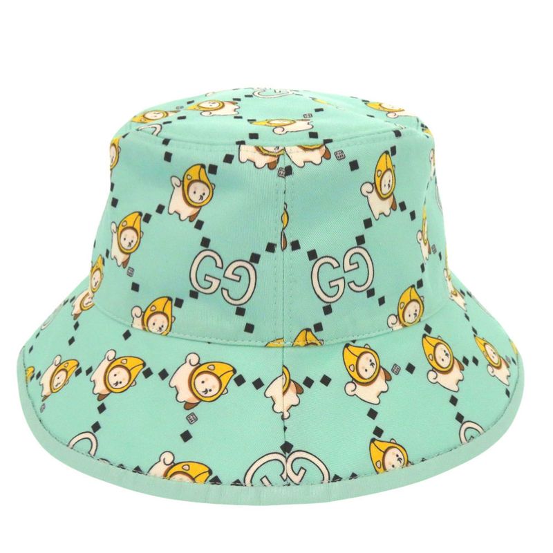 Gucci Kawaii Printed Bucket Hat Shiba Inu Banana XS Cotton Mint Green White X Yellow