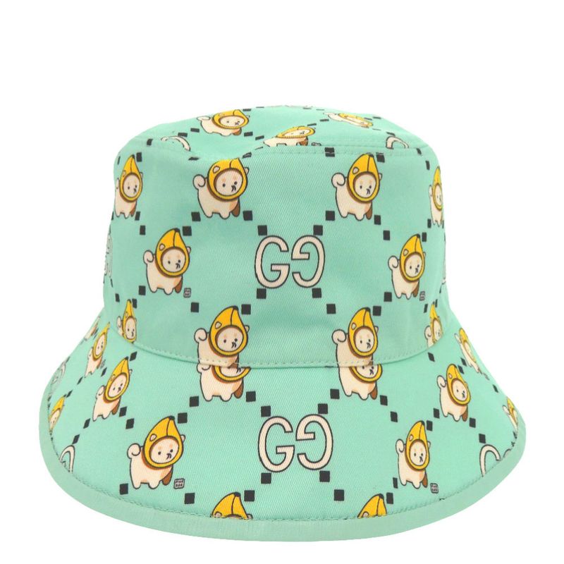 Gucci Kawaii Printed Bucket Hat Shiba Inu Banana XS Cotton Mint Green White X Yellow
