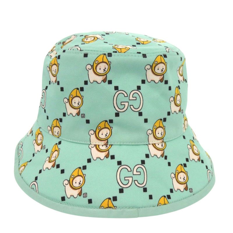 Gucci Kawaii Printed Bucket Hat Shiba Inu Banana XS Cotton Mint Green White X Yellow