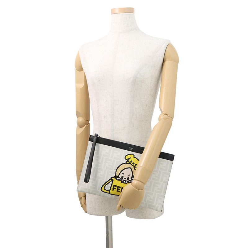 Fendi Clutch Taro Out Collaboration Zucca Pattern Leather White Yellowblack