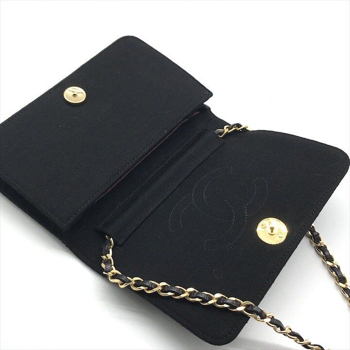 Chanel CC Logo Quilted Cotton Chain Shoulder Bag Push Lock Black