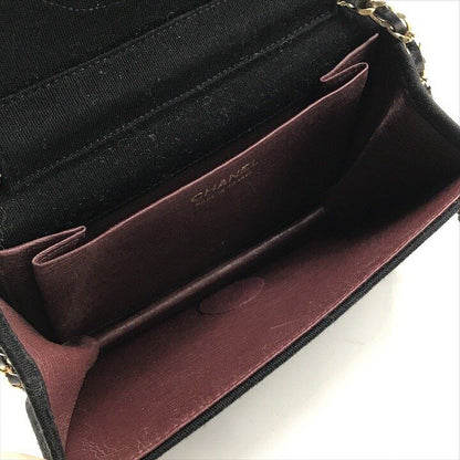 Chanel CC Logo Quilted Cotton Chain Shoulder Bag Push Lock Black