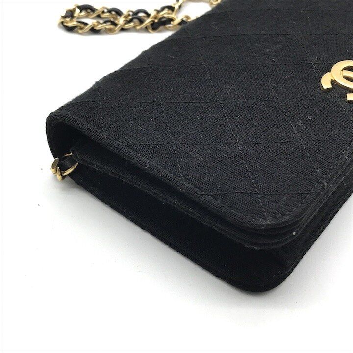 Chanel CC Logo Quilted Cotton Chain Shoulder Bag Push Lock Black