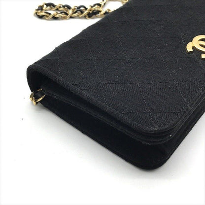 Chanel CC Logo Quilted Cotton Chain Shoulder Bag Push Lock Black