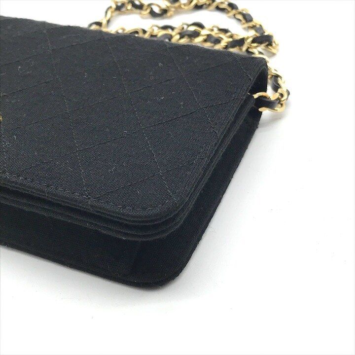 Chanel CC Logo Quilted Cotton Chain Shoulder Bag Push Lock Black