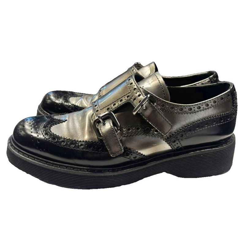 Prada Sport Leather Shoes Monk Strap Wing Tip Bicolor Sneakers 37 Black