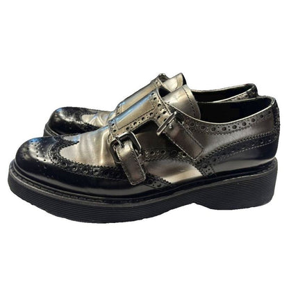 Prada Sport Leather Shoes Monk Strap Wing Tip Bicolor Sneakers 37 Black