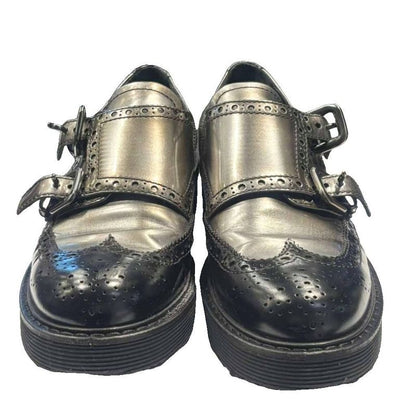 Prada Sport Leather Shoes Monk Strap Wing Tip Bicolor Sneakers 37 Black