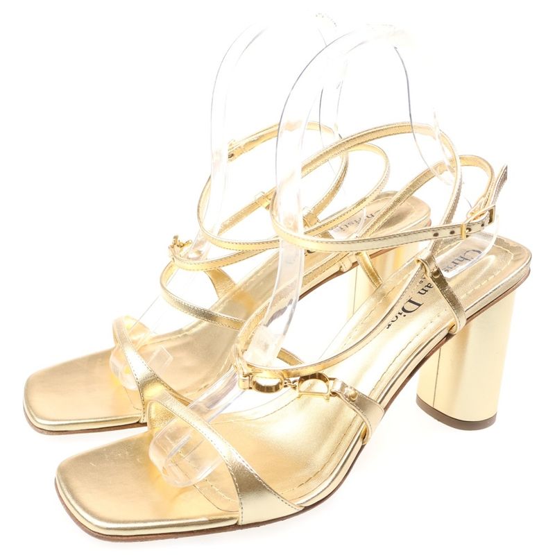 Dior CD Logo Belt Square Toe Heel Strap Sandals Shoes Gold