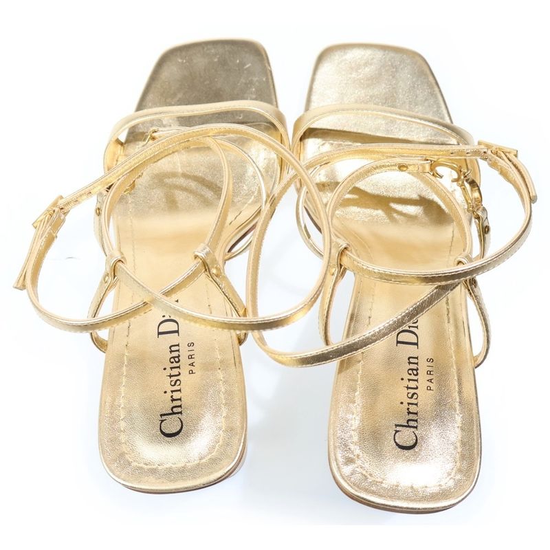 Dior CD Logo Belt Square Toe Heel Strap Sandals Shoes Gold