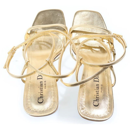 Dior CD Logo Belt Square Toe Heel Strap Sandals Shoes Gold
