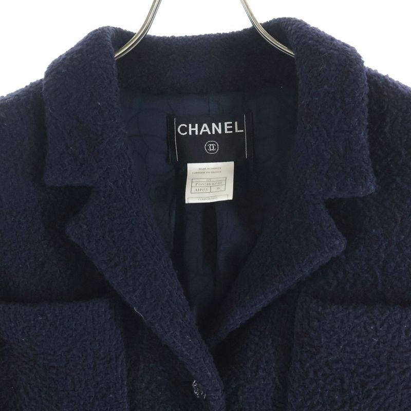 Chanel Camellia Button Tweed Jacket Navy Wool
