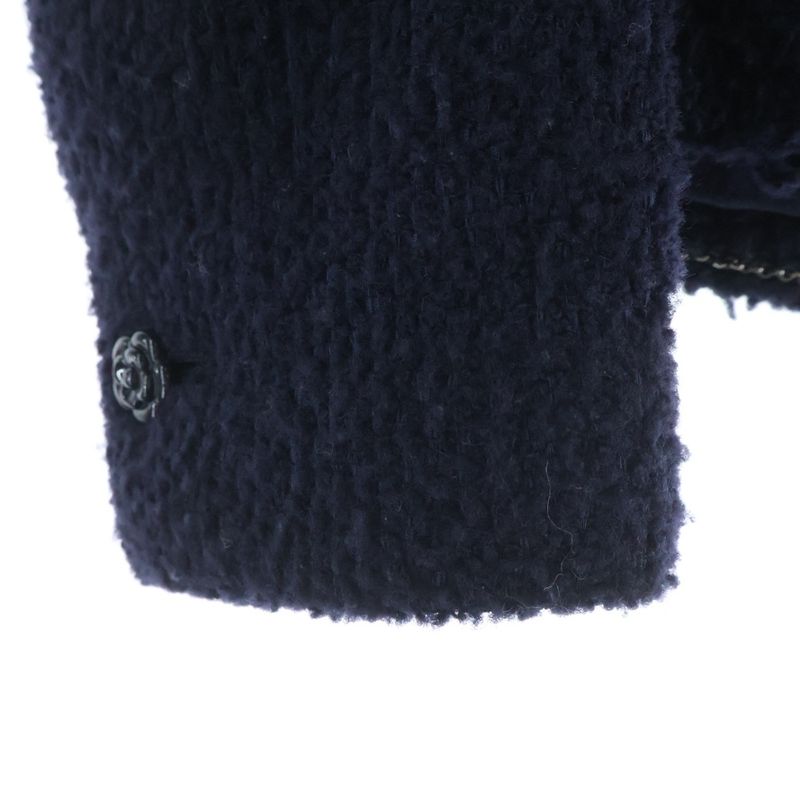 Chanel Camellia Button Tweed Jacket Navy Wool