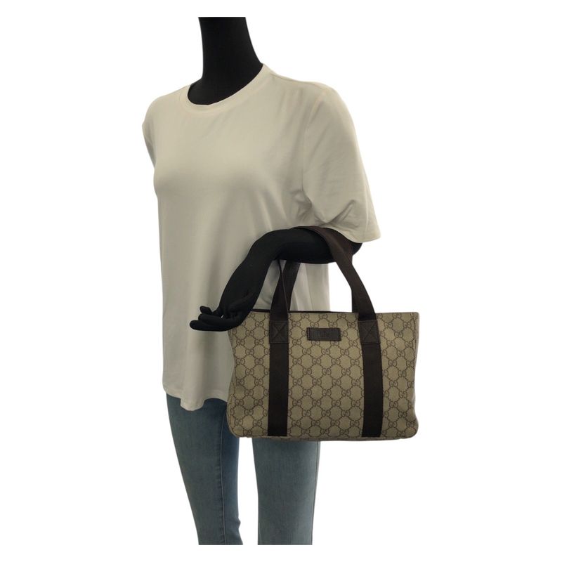 Gucci GG Pattern Khaki Dark Brown Supreme Canvas Leather Tote