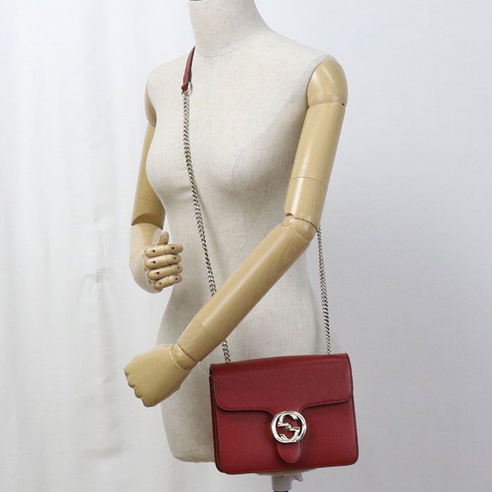 Gucci Chain Interlocking Crossbody Shoulder Bag Leather Red