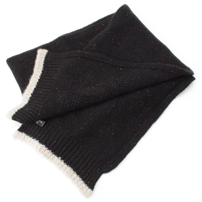 Chanel Cashmere Silk CC Logo Mixed Color Nep Knit Scarf Black