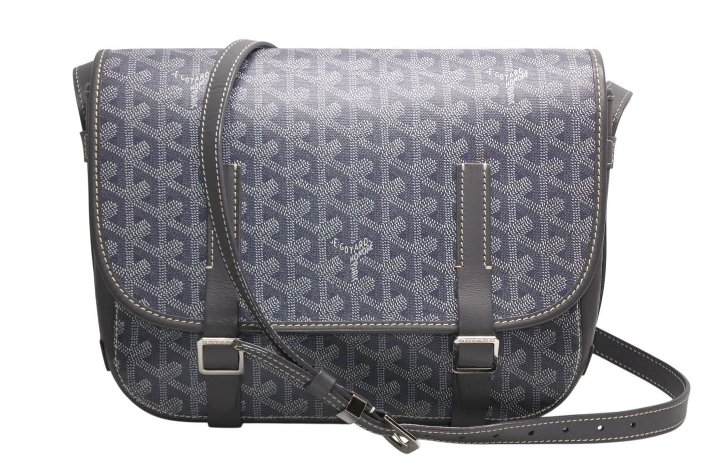 Goyard Belvedere MM Shoulder Bag Gray Leather Silver Herringbone Pattern