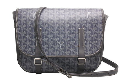 Goyard Belvedere MM Shoulder Bag Gray Leather Silver Herringbone Pattern