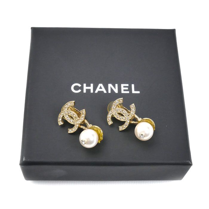Chanel CC Logo Rhinestone Faux Pearl Earrings