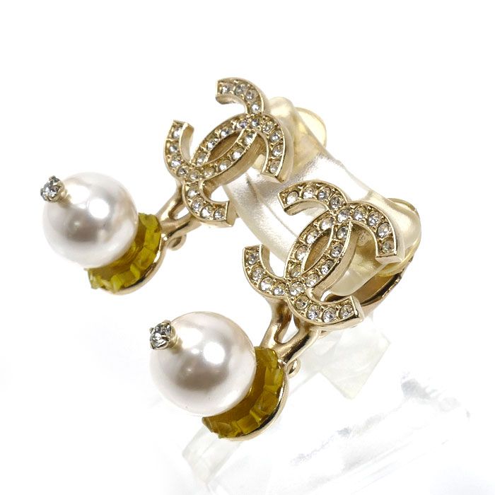 Chanel CC Logo Rhinestone Faux Pearl Earrings