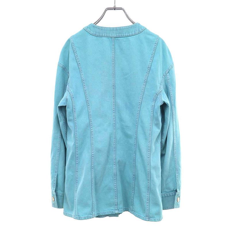 Chanel CC Logo Camellia Flower Brooch Denim Base Ball Shirt Jacket Turquoise Blue