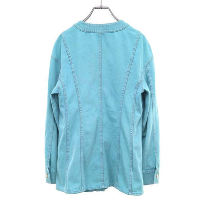 Chanel CC Logo Camellia Flower Brooch Denim Base Ball Shirt Jacket Turquoise Blue
