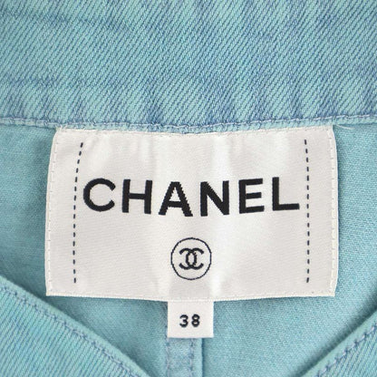 Chanel CC Logo Camellia Flower Brooch Denim Base Ball Shirt Jacket Turquoise Blue