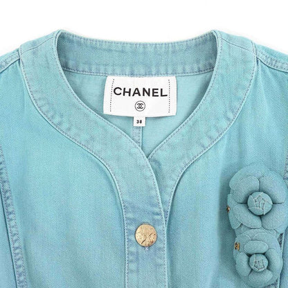 Chanel CC Logo Camellia Flower Brooch Denim Base Ball Shirt Jacket Turquoise Blue