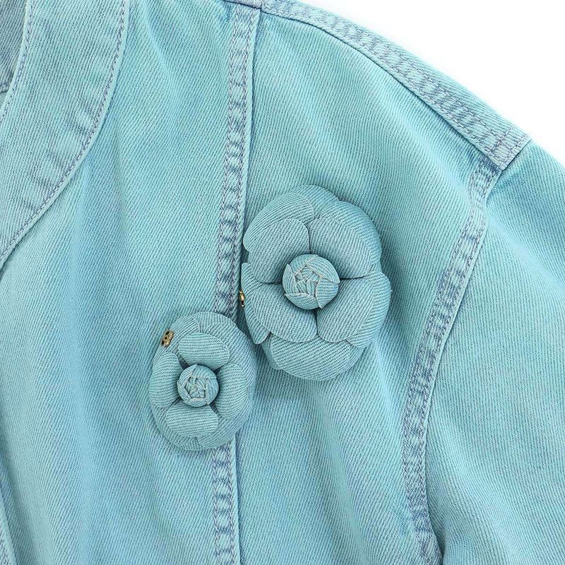 Chanel CC Logo Camellia Flower Brooch Denim Base Ball Shirt Jacket Turquoise Blue