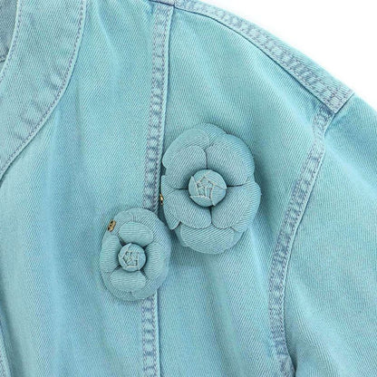 Chanel CC Logo Camellia Flower Brooch Denim Base Ball Shirt Jacket Turquoise Blue