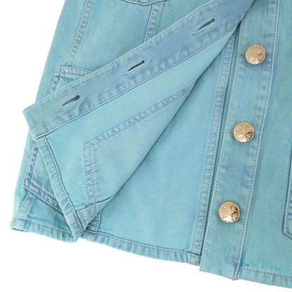 Chanel CC Logo Camellia Flower Brooch Denim Base Ball Shirt Jacket Turquoise Blue