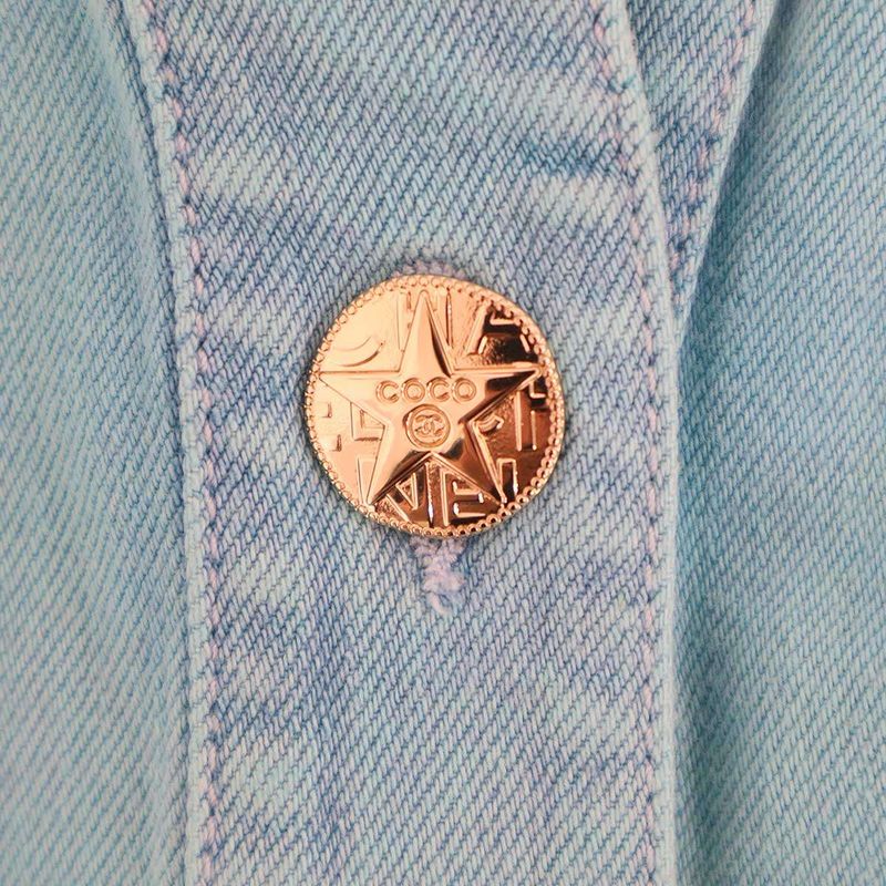 Chanel CC Logo Camellia Flower Brooch Denim Base Ball Shirt Jacket Turquoise Blue