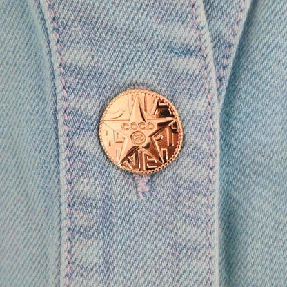 Chanel CC Logo Camellia Flower Brooch Denim Base Ball Shirt Jacket Turquoise Blue