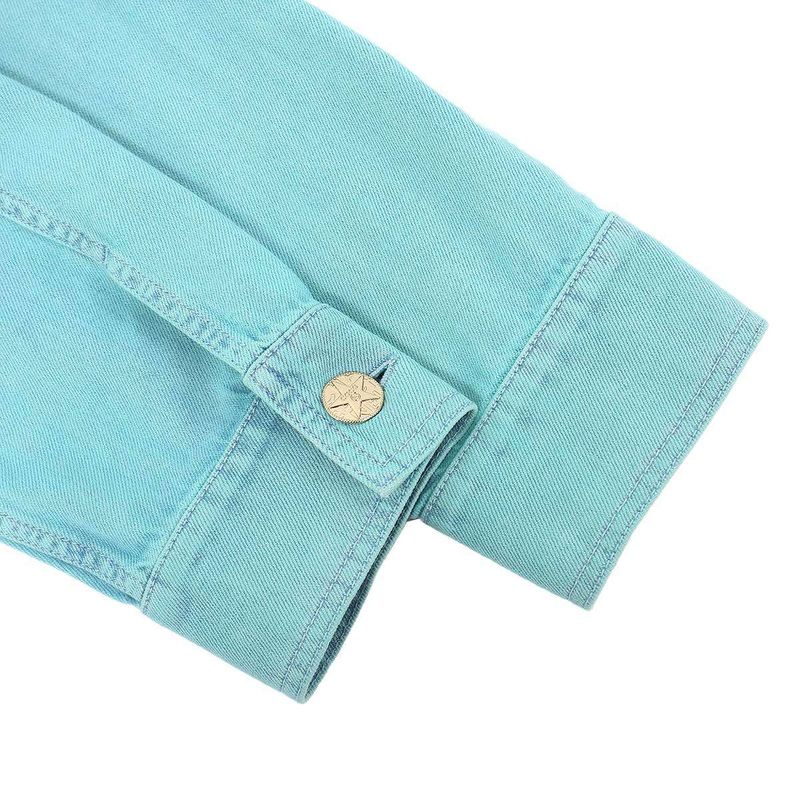 Chanel CC Logo Camellia Flower Brooch Denim Base Ball Shirt Jacket Turquoise Blue