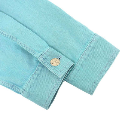 Chanel CC Logo Camellia Flower Brooch Denim Base Ball Shirt Jacket Turquoise Blue