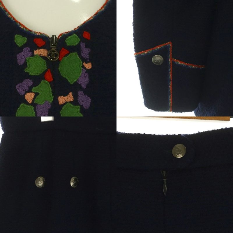 Chanel Set Top and Bottom CC Logo Coco Button Tweed Jacket Navy Blue