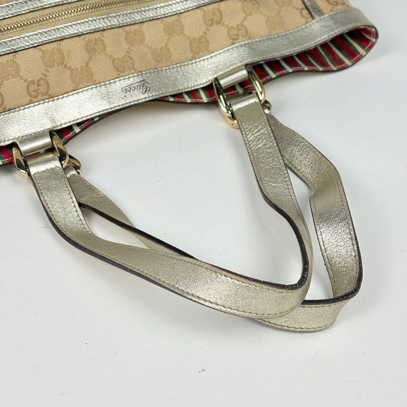 Gucci GG Pattern Tote Shoulder Bag Canvas Beige Gold