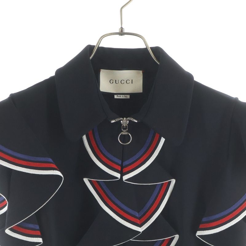 Gucci Web Ruffle Zip Up Jersey Dress Black