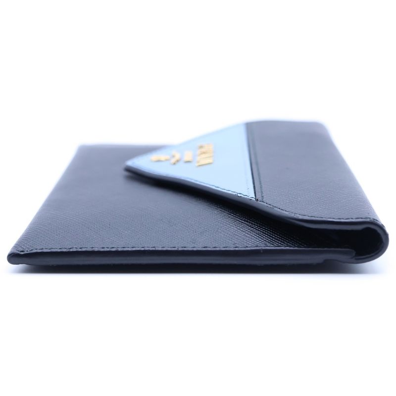 Prada Sapphia No Letter Wallet Card Case Black Light Blue Pouch