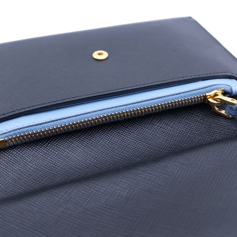 Prada Sapphia No Letter Wallet Card Case Black Light Blue Pouch