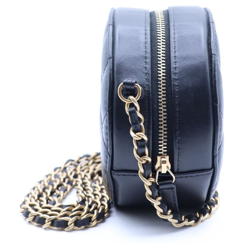 Chanel Quilted CC Logo Caviar Leather Chain Shoulder Bag Round Pouch