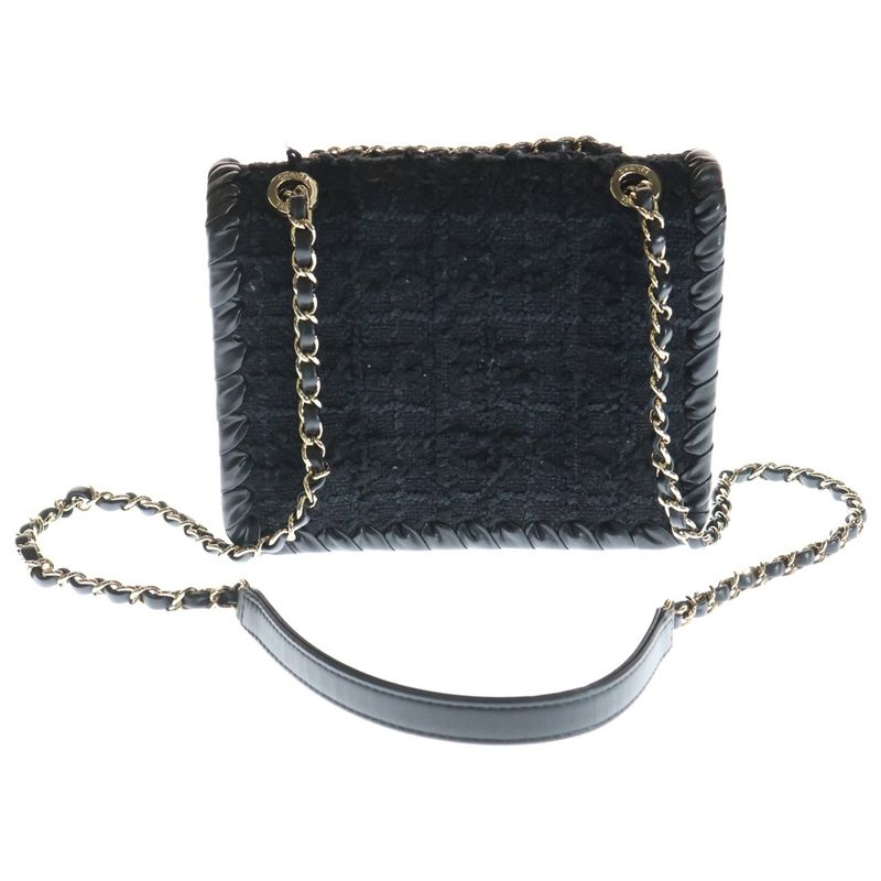 Chanel CC Logo Twi Domini Flap Shoulder Bag Chain Black Leather Gold