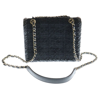 Chanel CC Logo Twi Domini Flap Shoulder Bag Chain Black Leather Gold